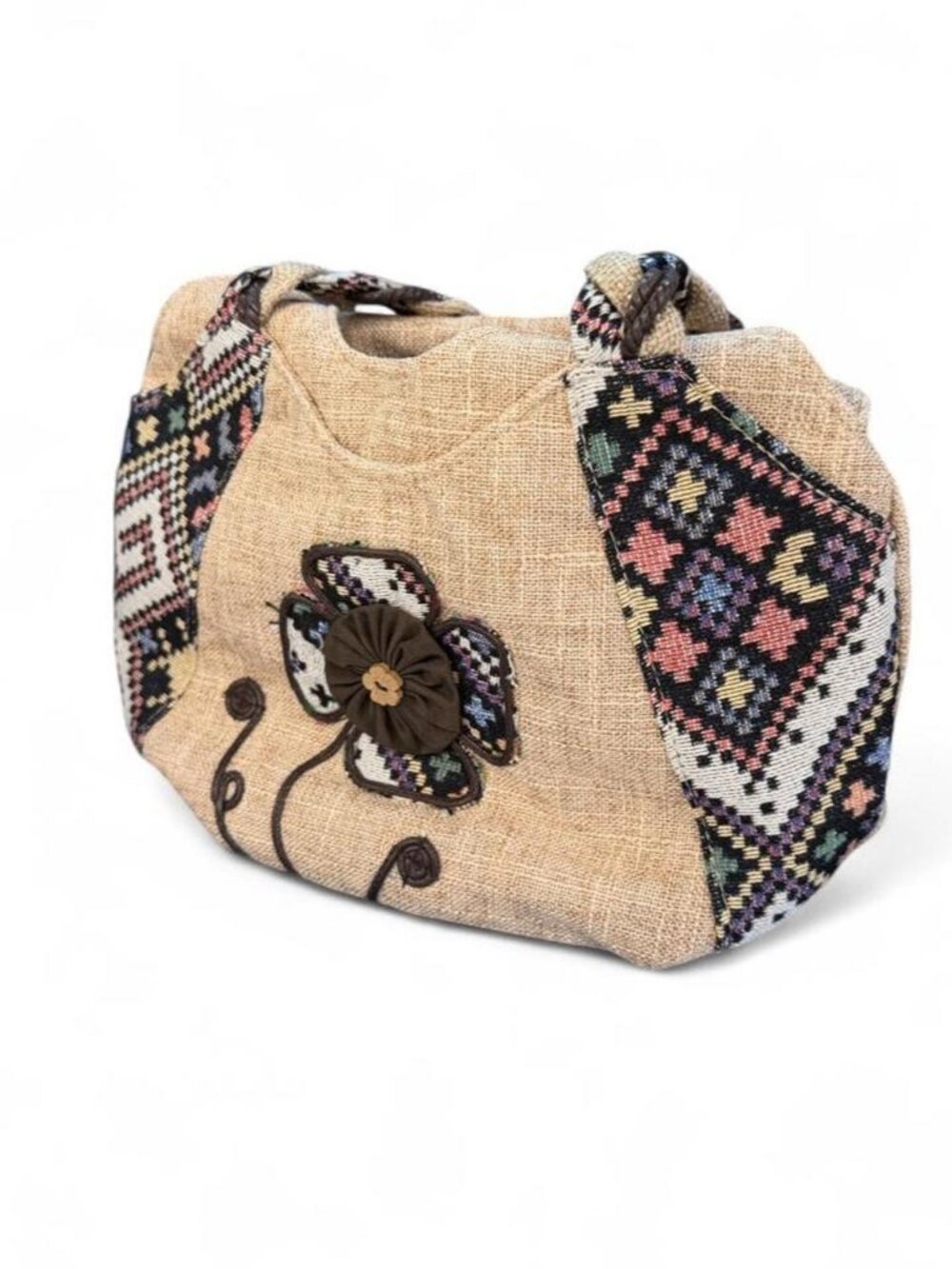 Boho Woven Burlap Handbag Tribal Flower Appliqué